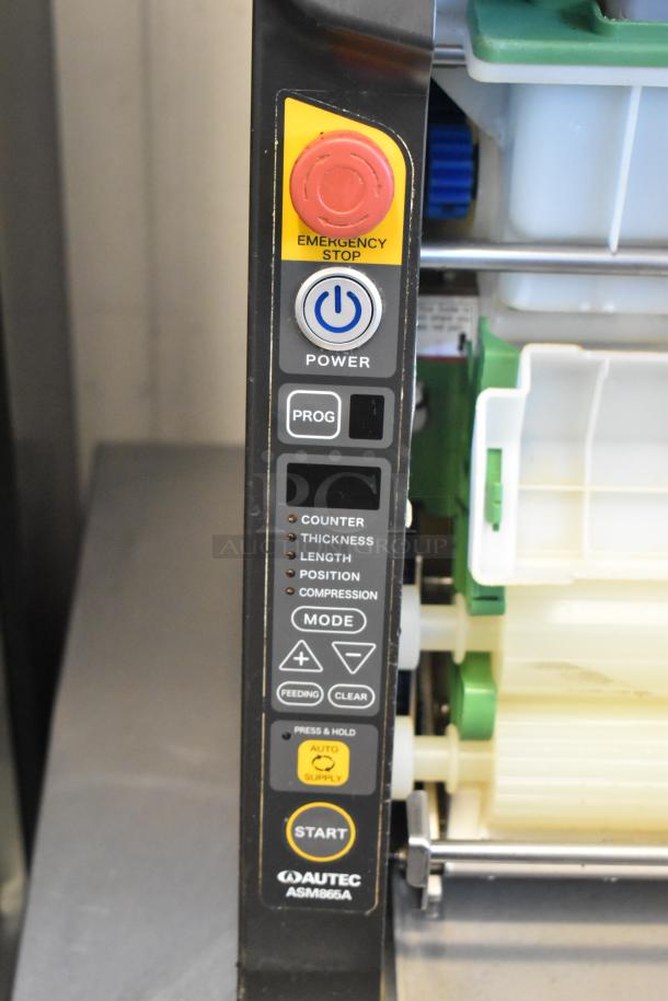 Autec ASM865A Maki Sushi Maker, stainless steel, commercial countertop model, 120V 1 Phase, visible control panel with emergency stop.