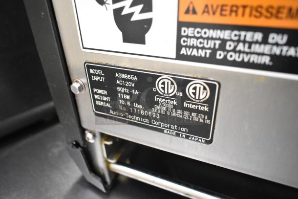 Autec ASM865A sushi maker label showing model, 120V input, 115W power, 70.5 lbs weight, ETL listed. Made in Japan.