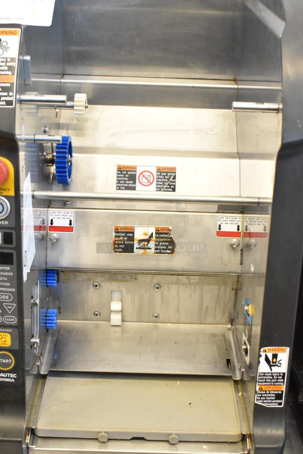 Autec Audio-Technica ASM865A stainless steel sushi maker, countertop model, 120V, commercial use, visible safety warnings and controls.