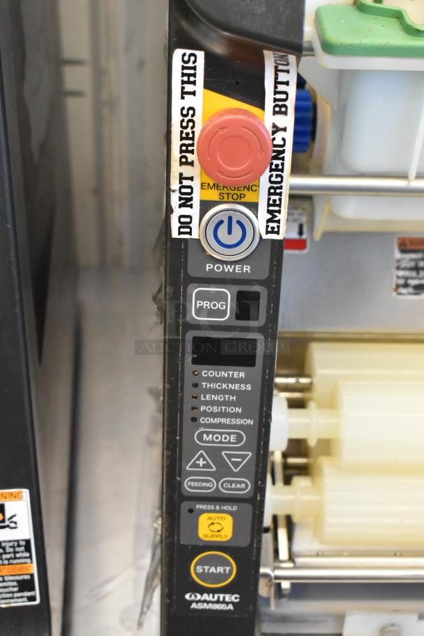 Autec ASM865A Sushi Maker Machine. Control panel features emergency stop, power, and program buttons. Stainless steel.