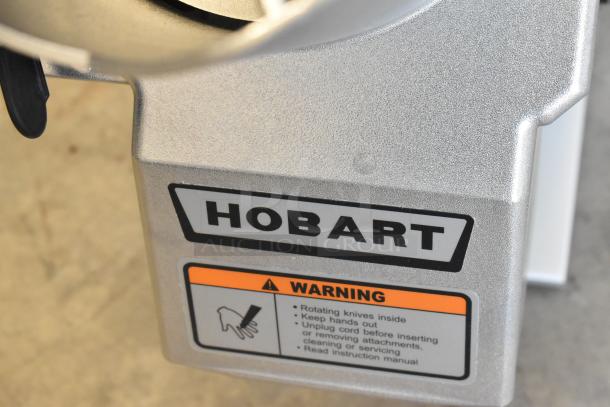 2022 Hobart FP-150 metal food processor with warning label, 110-120V, 1 phase, commercial use, countertop model.