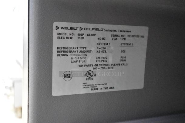 2020 Delfield 406P-STAR2 stainless steel undercounter cooler, 115V, on casters. NSF and UL certified label shown.