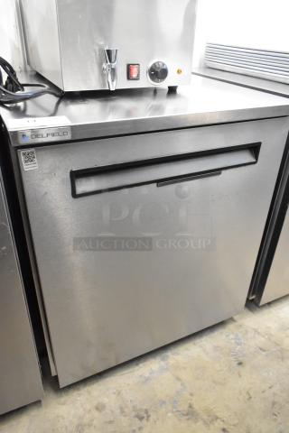 2020 Delfield 406P-STAR2 stainless steel undercounter cooler, single door, on casters; 115V, 1 Phase. Visible Delfield branding.