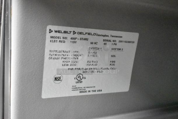 2020 Delfield 406P-STAR2 label showing model, 115V, 60Hz, 4A, refrigerant type R-290, and UL listing.