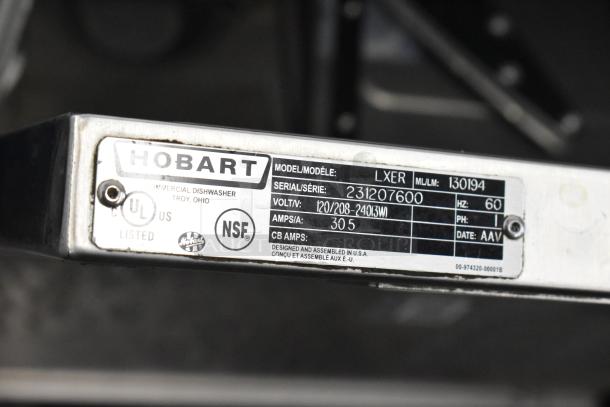 2019 Hobart LXER stainless steel commercial undercounter dishwasher label. 120/208-240V, 1 phase. Model LXER, serial 231207600.