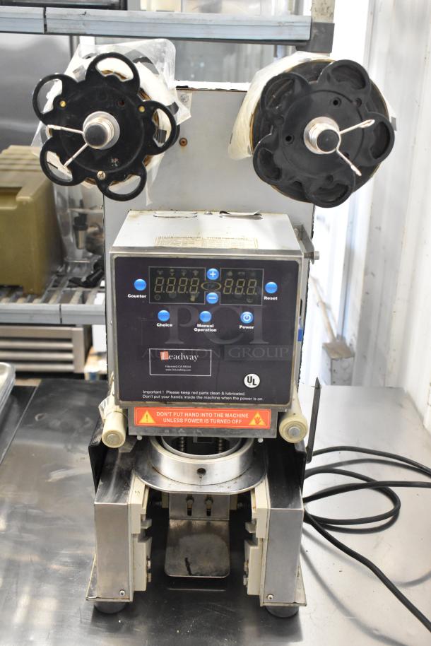 Leadway ET-99SU metal countertop cup sealing machine, digital display, 110/120V, 1 phase, UL marked, commercial use.