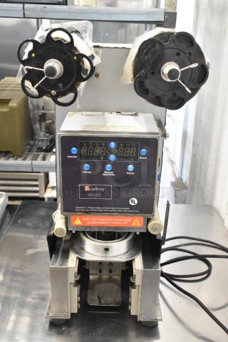 Leadway ET-99SU metal countertop cup sealing machine, digital display, 110/120V, 1 phase, UL marked, commercial use.