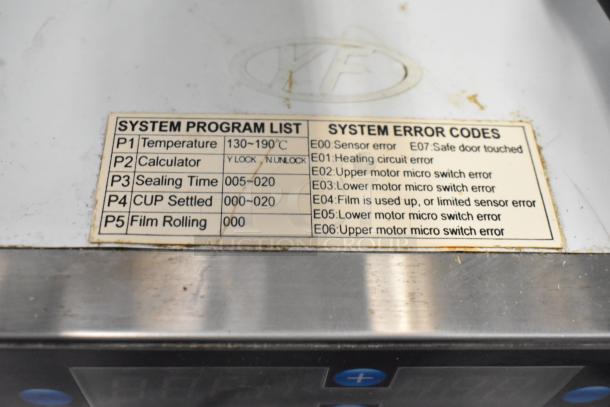 Leadway ET-99SU Cup Sealing Machine, metal build, 110/120V, 1 phase. Includes program list and error codes panel.