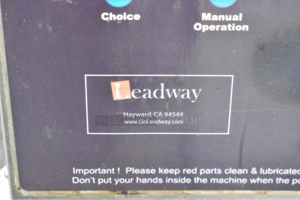 Leadway ET-99SU Metal Countertop Cup Sealing Machine, 110/120V, 1 Phase, instructions and branding visible.