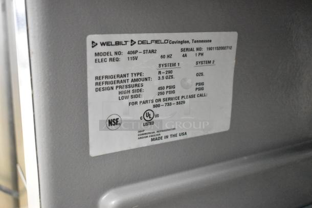 2019 Delfield 406P-STAR2 stainless steel undercounter cooler label with model, electrical specs, and refrigerant details.