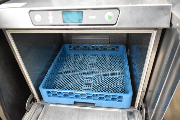 2018 Hobart LXER stainless steel undercounter dishwasher with digital controls and blue rack. 120/208-240V, 1 phase. Excellent condition.