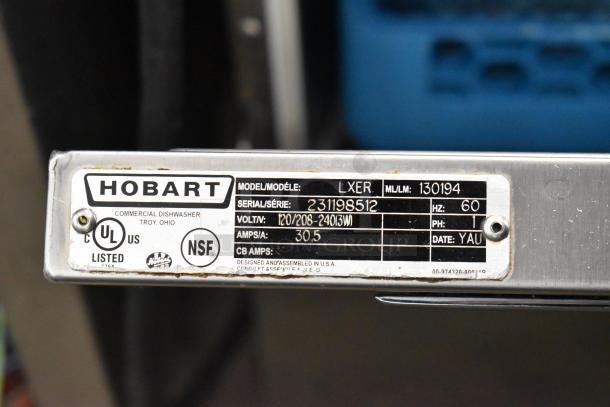 2018 Hobart LXER undercounter dishwasher, stainless steel, 120/208-240V, 1 Phase. UL, NSF listed, serial #231198512.