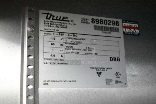 2017 True T-49F-4-HC freezer label, model T-49F-4-HC, 115V, 1 phase, refrigerant R290. Made in USA. Serial: 8980298.