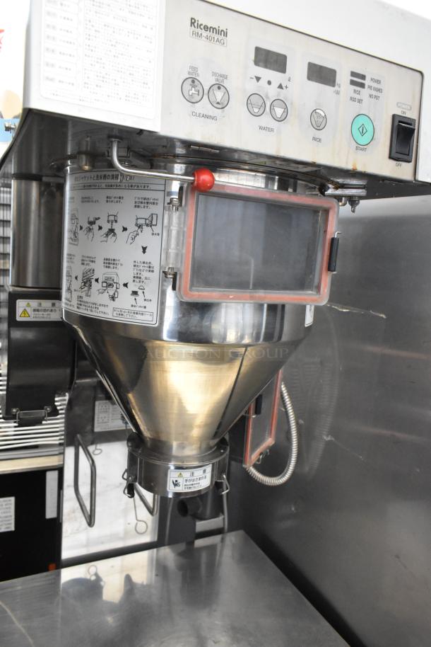 Ricemini RM-401AG metal rice washing machine, commercial use, 100V, 1 phase, with control panel and instruction labels.