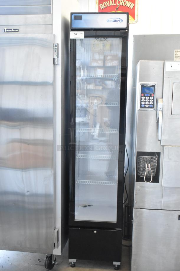 Brand new KoolMore KM-MDR-17S single-door cooler, scratch and dent, with poly-coated racks, 115V, 1 phase.