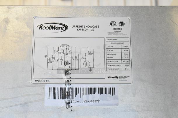 KoolMore KM-MDR-17S cooler label showing specifications and wiring diagram. 115V, 1 phase, R600a refrigerant. Made in China.
