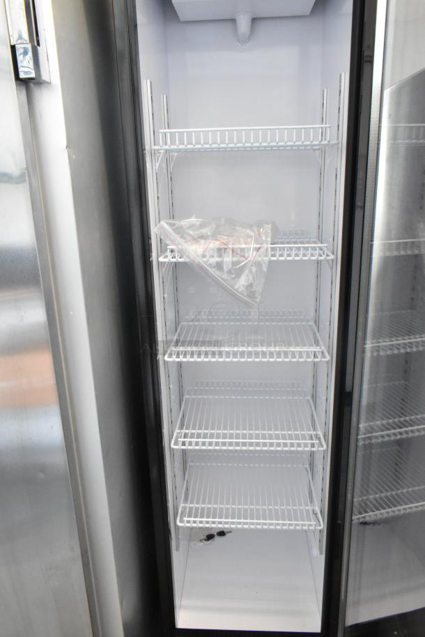 Brand new KoolMore KM-MDR-17S single door cooler merchandiser with poly coated racks, visible minor scratches.