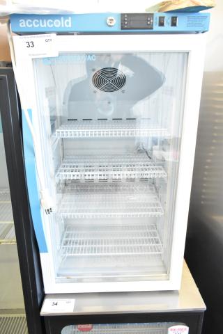 Accucold ARG3PV Mini Cooler Merchandiser, features poly-coated racks, glass door, 115 volts, well-maintained condition.
