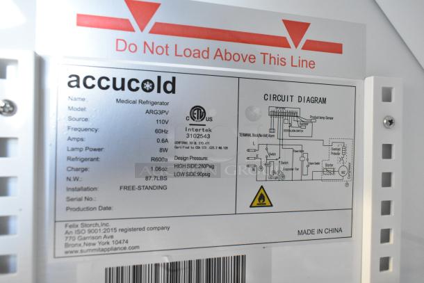 Accucold ARG3PV mini cooler label, showing 115V, 60Hz, 0.6A, R600a refrigerant, and circuit diagram.