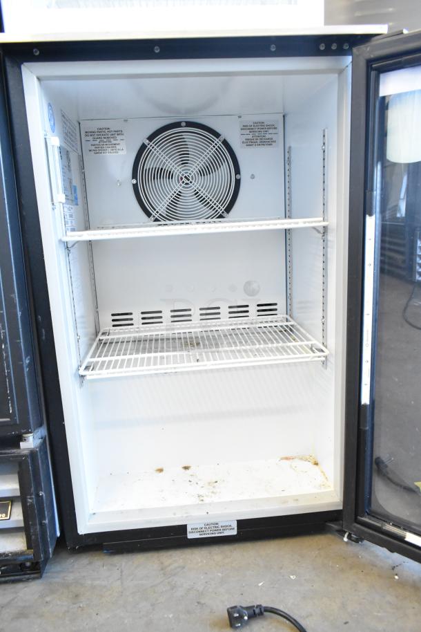 Imbera EVC04 Mini Cooler Merchandiser, poly-coated racks, 115 volts, used condition, interior fan, visible caution labels.