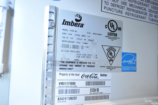 Imbera EVC04 Mini Cooler, UL Listed, 115V, Phase. Features poly coated racks. Includes Energy Star label and Coca-Cola property tag.