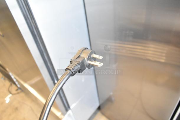 2019 Habco SE18 single door commercial cooler, metal finish, poly-coated racks, 115V, 1 phase. Power cord shown.