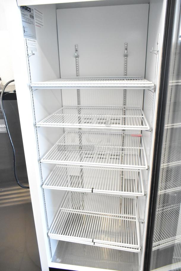 2019 Habco SE18 single door cooler with poly-coated racks; 115V, 1 Phase. Features tags detailing model specs and usage.