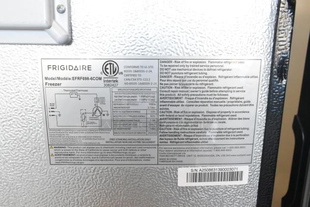 Frigidaire EFRF698-6COM stainless steel freezer label detailing model, voltage, and safety warnings. 115 volts, 1 phase.