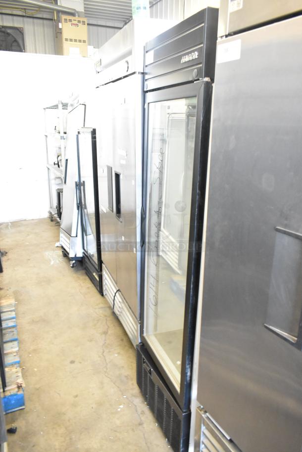 2019 Habco SE18 metal commercial reach-in cooler, single glass door, poly-coated racks, 115V, 1 phase, visible model label.