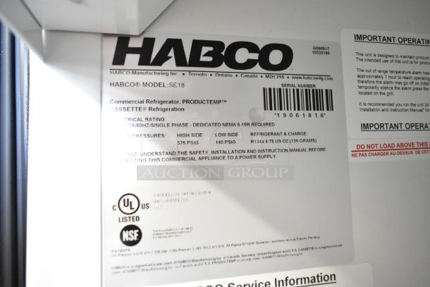 Label of 2019 Habco SE18 metal single-door cooler, showing model, electrical rating, and certifications.