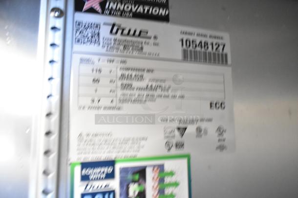 2023 True T-19F-HC stainless steel commercial freezer label showing model, 115V, 1 phase, USA innovation.