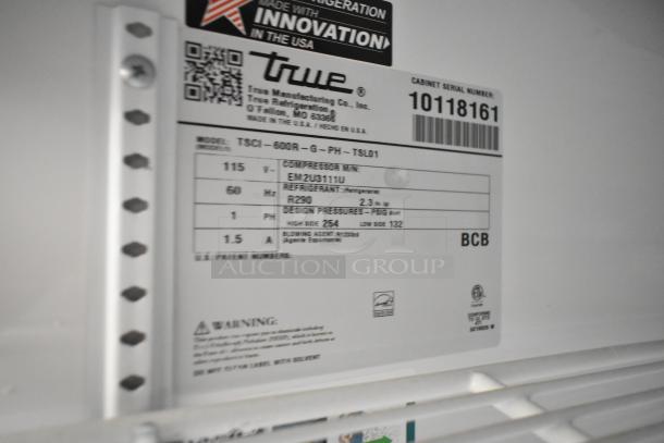 2021 True TSCI-600R-G-PH commercial cooler tag, 115V, single-phase, poly-coated racks, serial number 10118161.