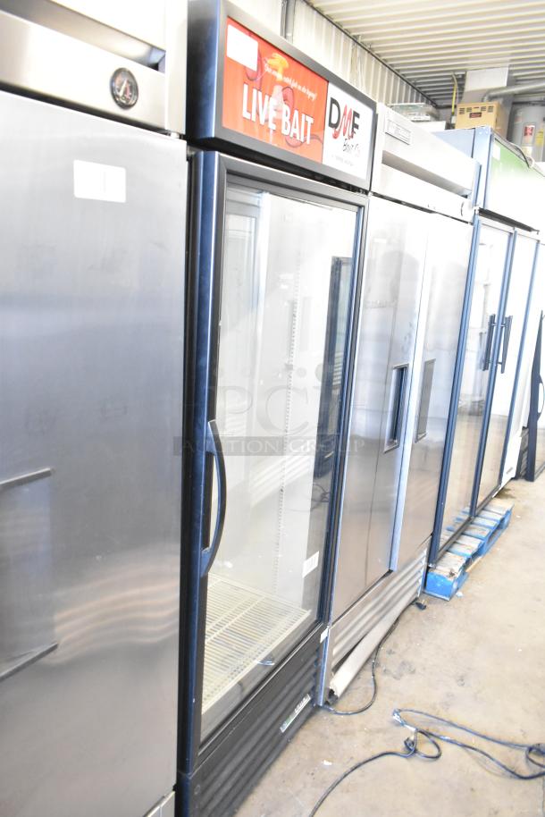 2017 True GDM-26F-HC commercial freezer, single door, metal, with poly coated racks, 115V, 1 phase, "Live Bait" signage.