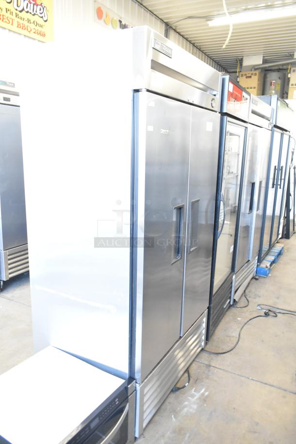 2016 True T-35 stainless steel commercial 2-door reach-in cooler, poly-coated racks, commercial casters, 115V, 1 phase.