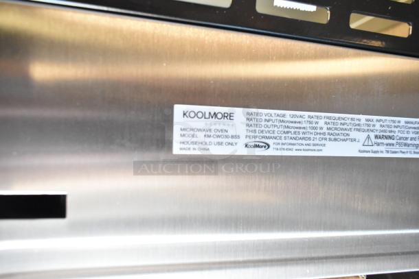 BRAND NEW KoolMore KM-CWO30-BSS 30" stainless steel built-in convection microwave oven with speed and sensor cooking. 120V, 1-phase. Visible label includes model, voltage, and safety warnings.