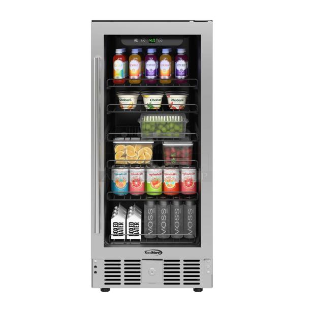 KoolMore KM-BIR3C-GD stainless steel glass-door refrigerator, brand new, 115V, 1 phase, beverage cooler, scratch and dent condition.