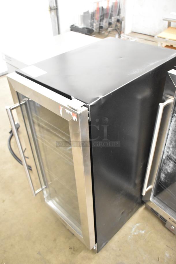 BRAND NEW SCRATCH AND DENT KoolMore KM-BIR3C-GD stainless steel glass-door fridge. Small dent visible; 115V, 1 Phase.