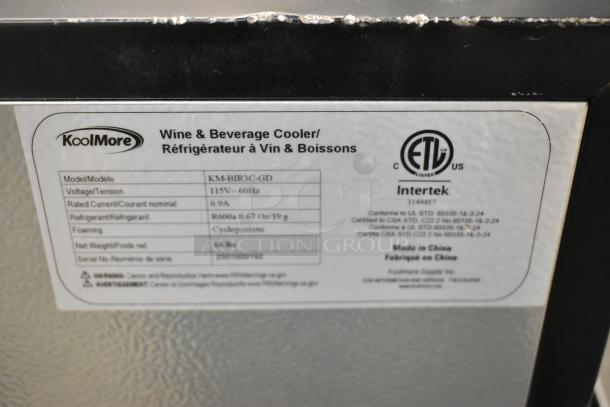 KoolMore KM-BIR3C-GD stainless steel wine and beverage cooler label, 115V, 1 phase, R600a refrigerant, made in China.