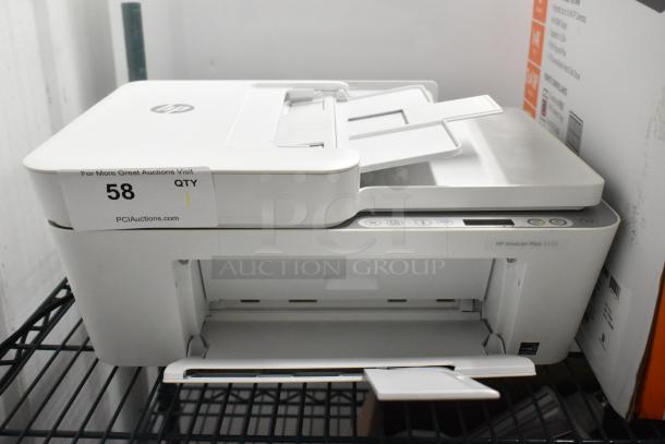 HP DeskJet Plus 4155 printer on a shelf, white color, excellent condition, visible logo. Auction tag indicates item 58.