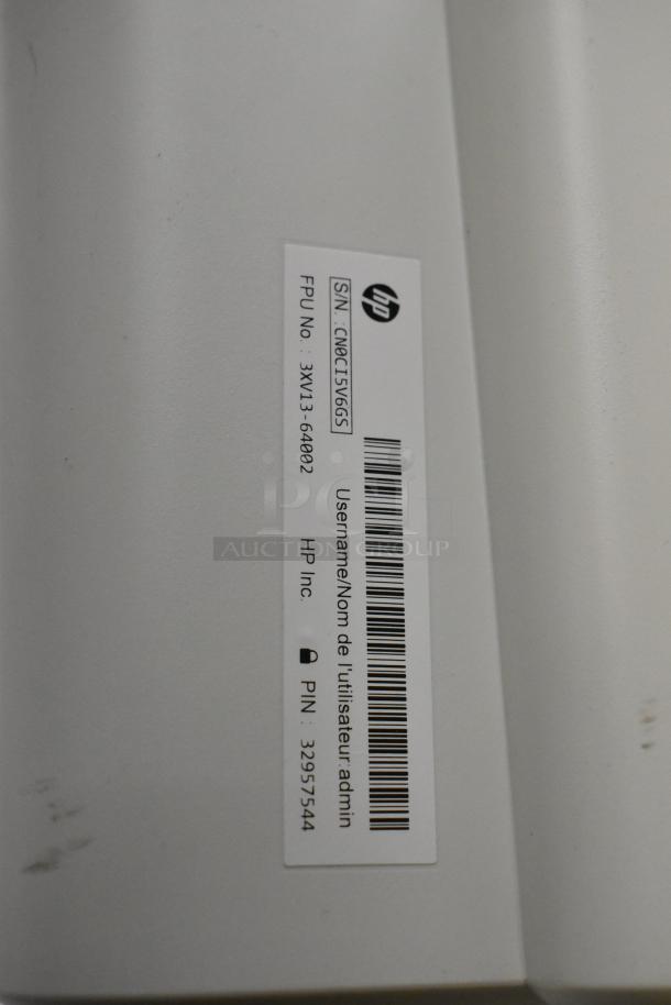 HP DeskJet Plus 4155 countertop printer, white with user label. Visible model, serial, and PIN numbers. Good condition.