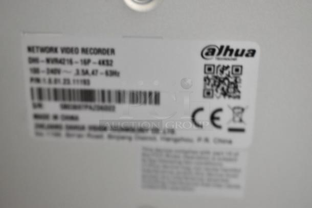 Blurred label on Dahua network video recorder. Model: DHI-NVR4216-16P-4KS2. Product info, serial number visible.
