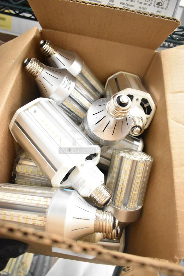 Box of Philips LED lightbulbs, new condition, various sizes, energy-efficient design, E26 base, visible labeling.