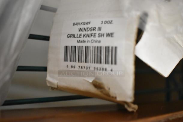 Label on a box of Windsor III grille knives, 3 dozen, made in China. Barcode displayed. Box slightly worn.