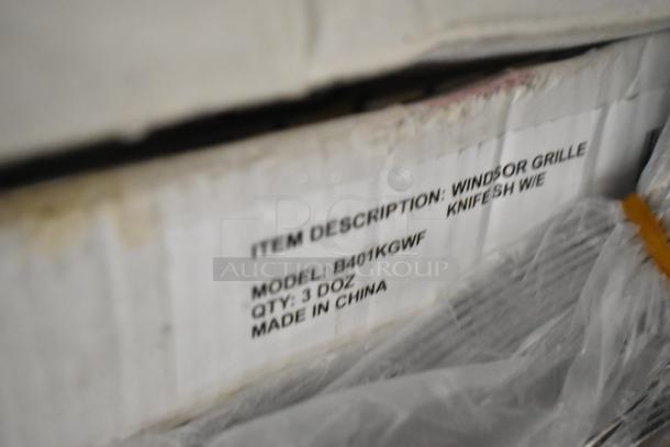 Box labeled “Windsor Grille Knives,” Model B401KGWF, quantity 3 dozen, made in China. Part of a mixed auction lot.