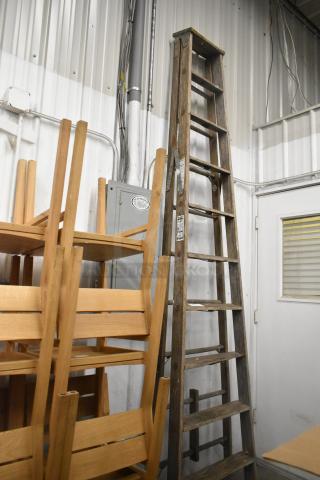Werner W3910 10' wooden A-frame ladder, weathered condition, visible product label, sturdy construction. Ideal for tall tasks.