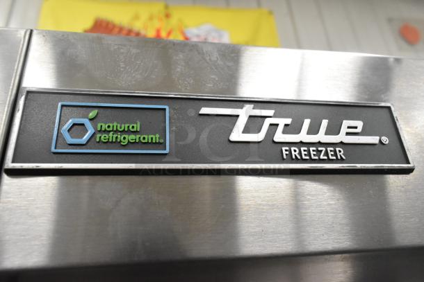 2023 True T-23F-HC Stainless Steel Single Door Reach-In Freezer with natural refrigerant label, in excellent condition.