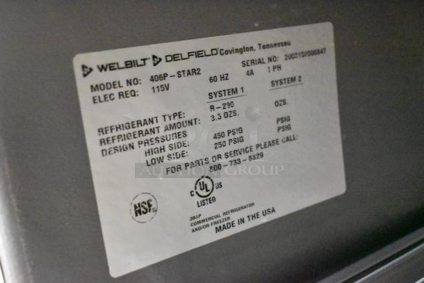 2020 Delfield 406P-STAR2 stainless steel undercounter cooler, single door, on casters, 115V, 1 phase, label details specs.