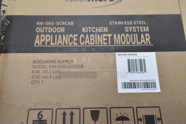 Alt text: KoolMore KM-OKS-UCRCAB 32" stainless steel outdoor cabinet box, labeled for kitchen system use, with scratch and dent.