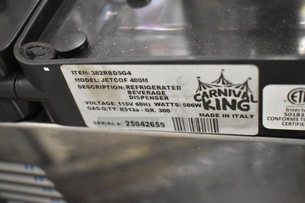 Carnival King JETCOF 480M beverage dispenser label, 115V, 586W, Model: 382RBD5G4, "Made in Italy," scratched condition.