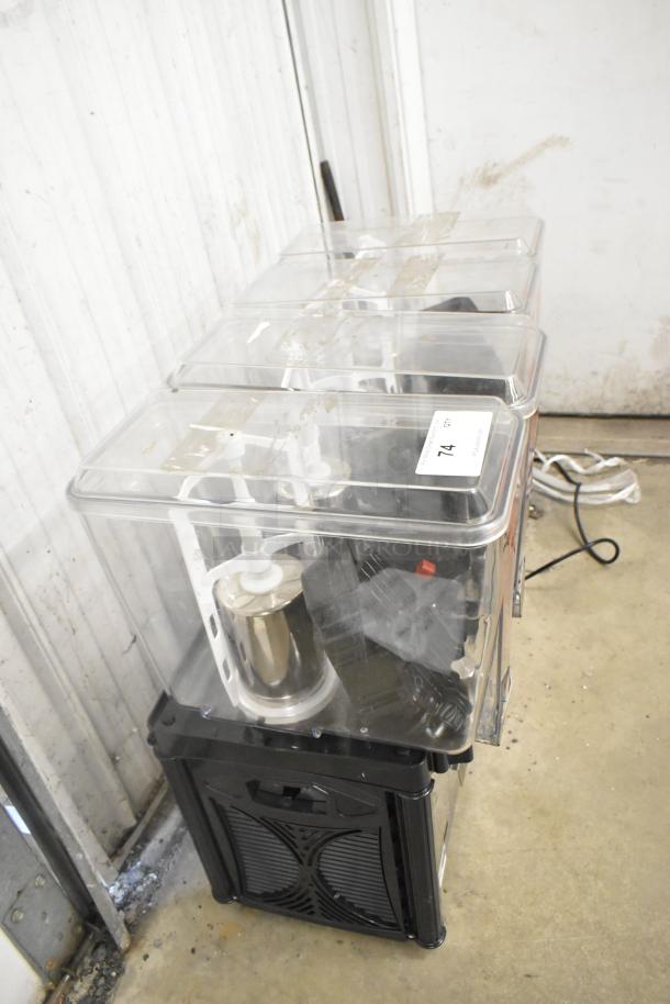 BRAND NEW Carnival King JETCOF 480M Quadruple 5-Gallon Beverage Dispenser, 115V, 1 Phase, minor scratches visible, tag marked "74".